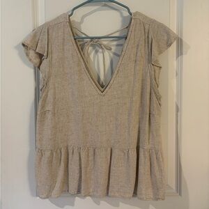 Abercrombie & Fitch Beige Tie-Back V-Neck Flutter Sleeve Top